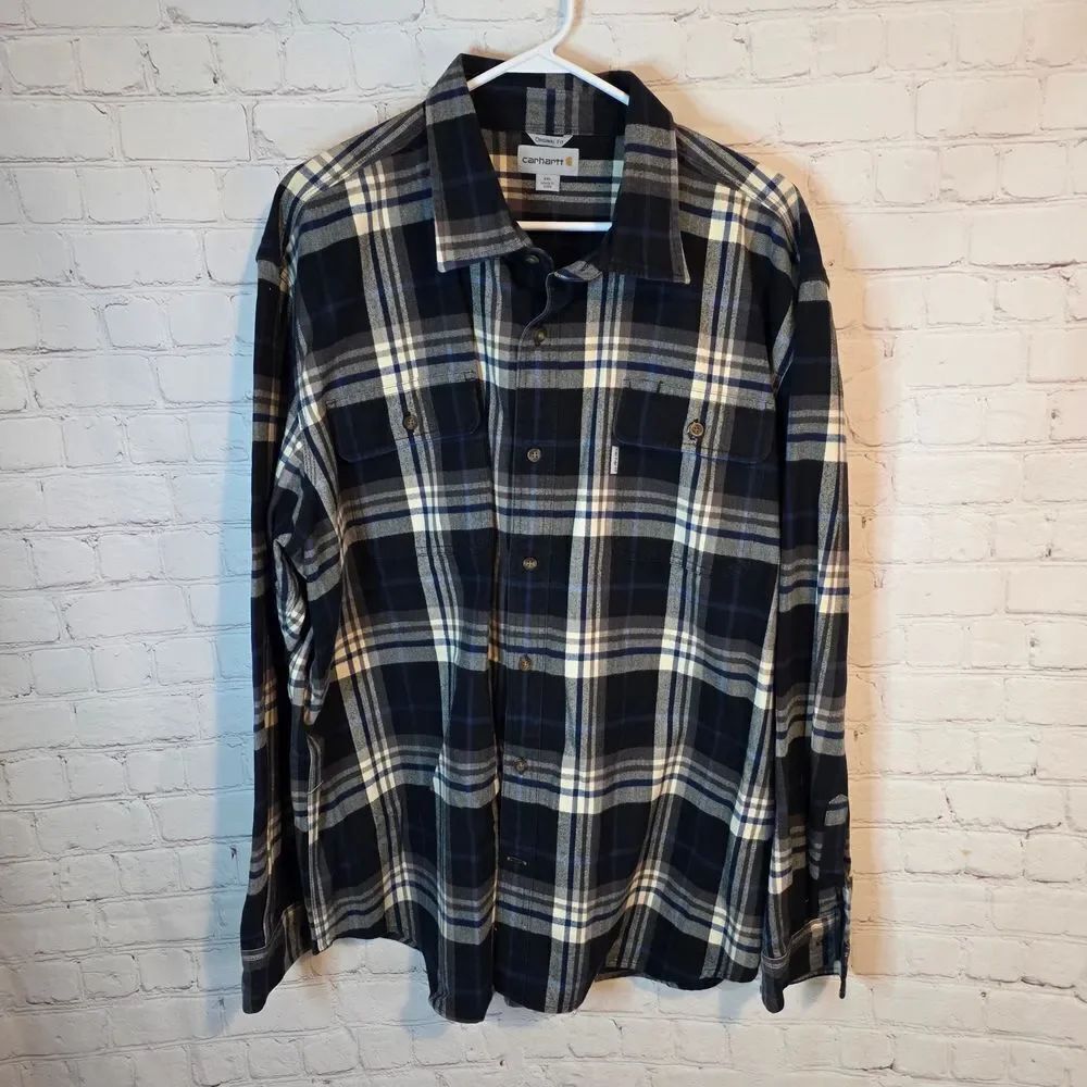 Men's Carhartt Blue and White Heavy Button-Up Flannel Shirt, Size XXL